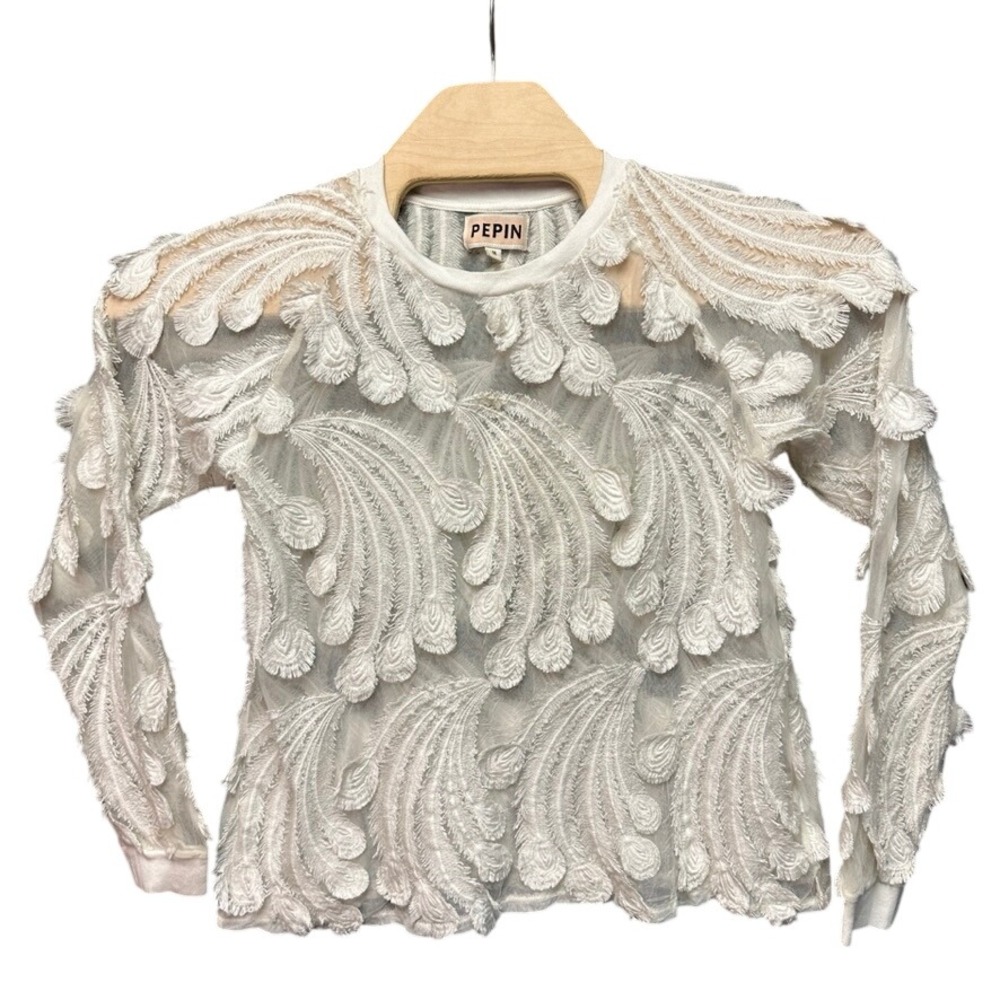 Pepin White Mesh Embroidered Feather Fringe Long Sleeve Top Blouse Womens Medium